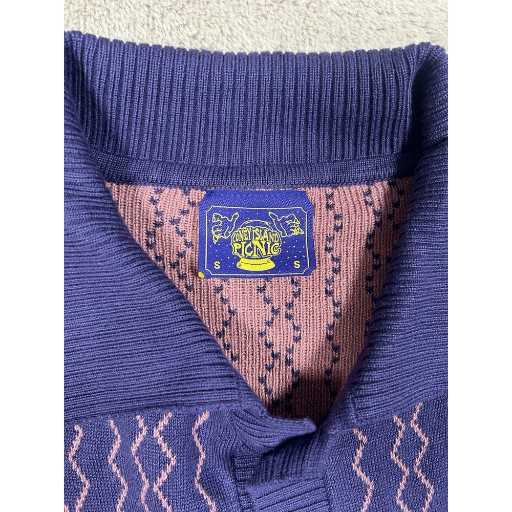 Coney Island Picnic Men Sweater Small Purple Pink Button Up Short Sleeve Collar - Picture 2 of 5